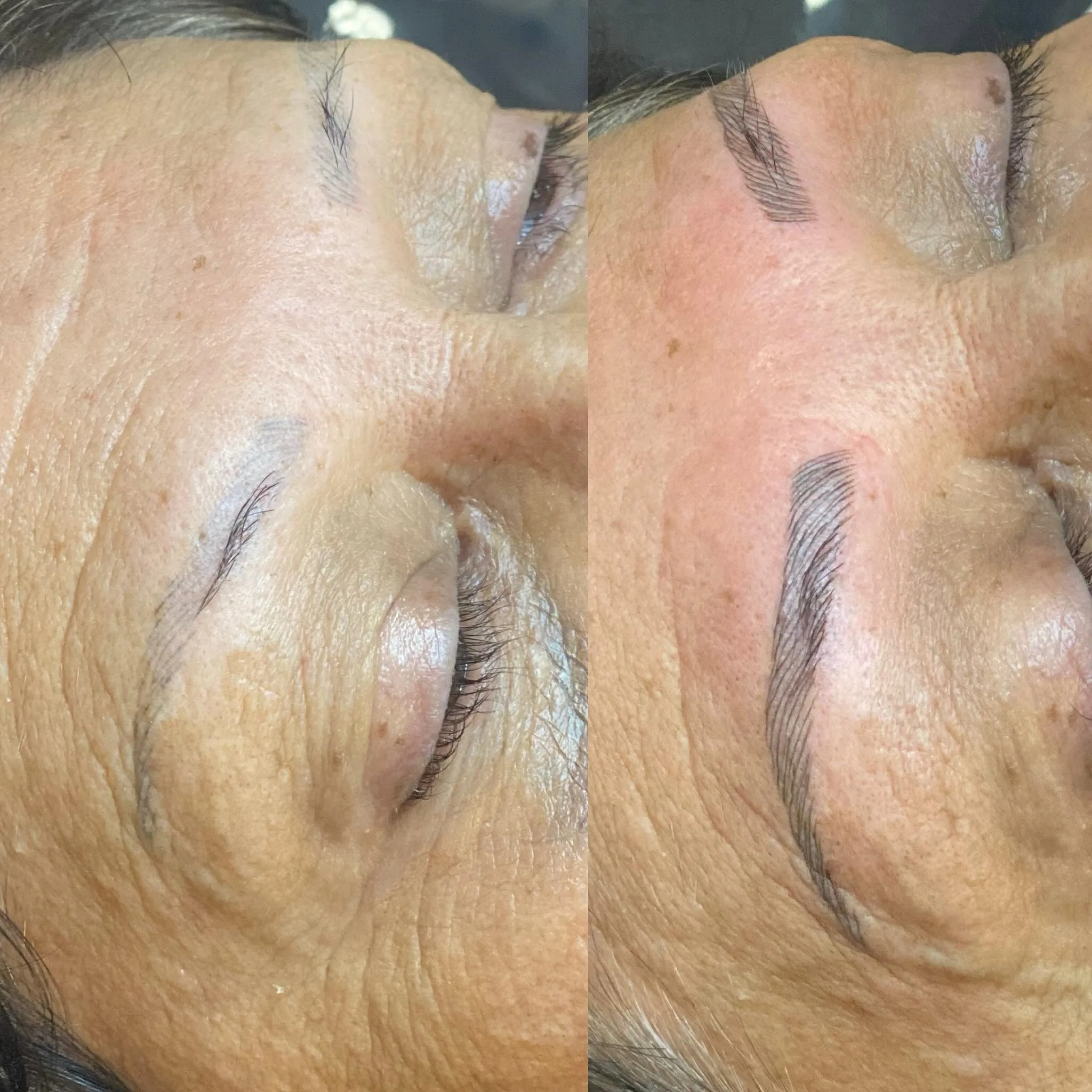 Before and after brow panels — closed eyes, defined hair-stroke brows result