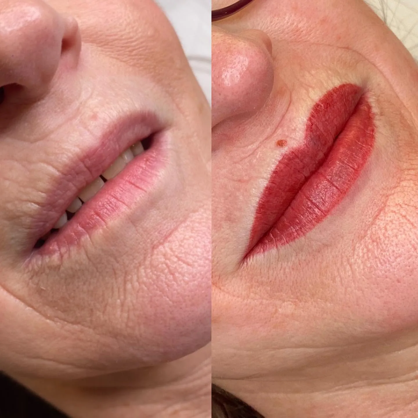 Before and after lower-face panels — natural then berry-red lip blush result