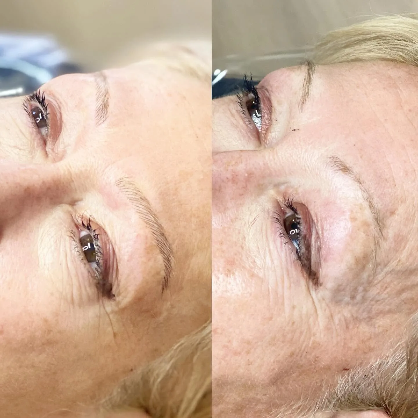 Before and after closed-eye panels — older client, soft powder brows result