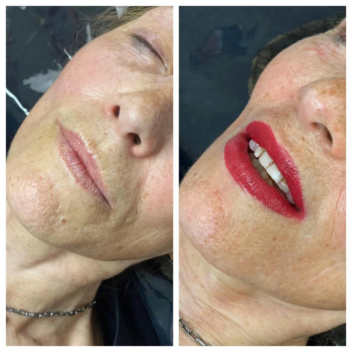 Before and after side-face panels — natural then red lip blush result