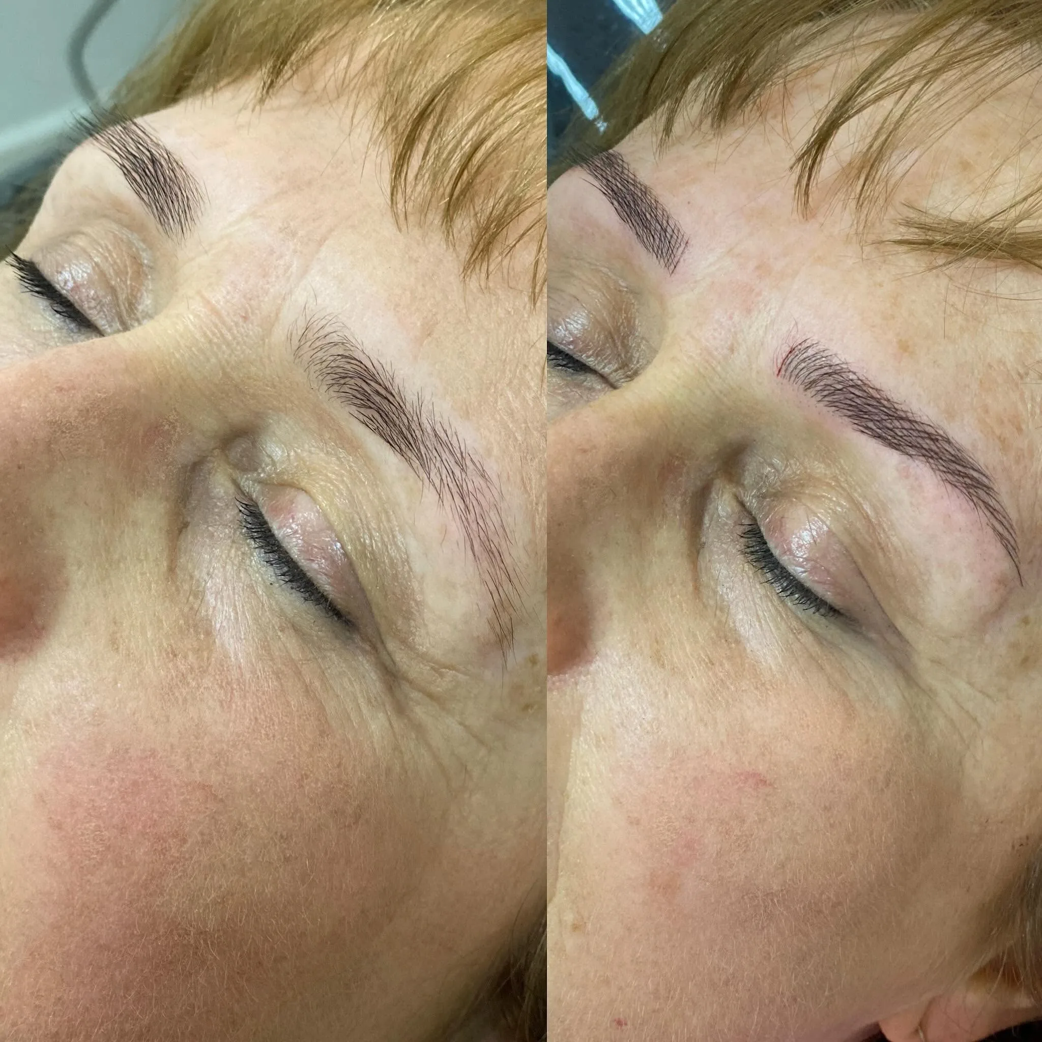 Before and after closed-eye panels — refreshed hair-stroke brows result