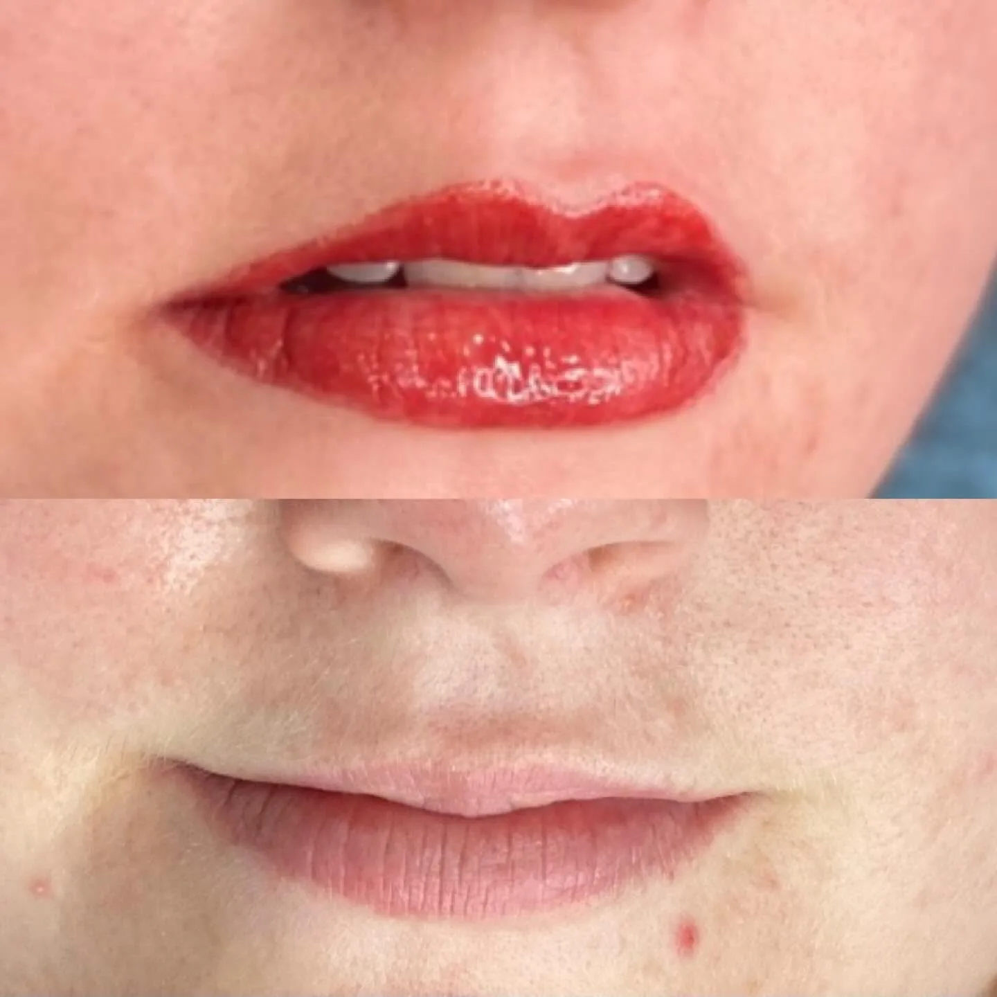 Saturated red lip-blush result — macro of finished lips