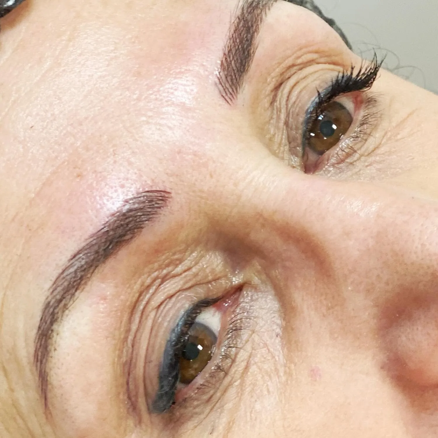 Healed feather-touch brow and fine eyeliner — close macro of one eye