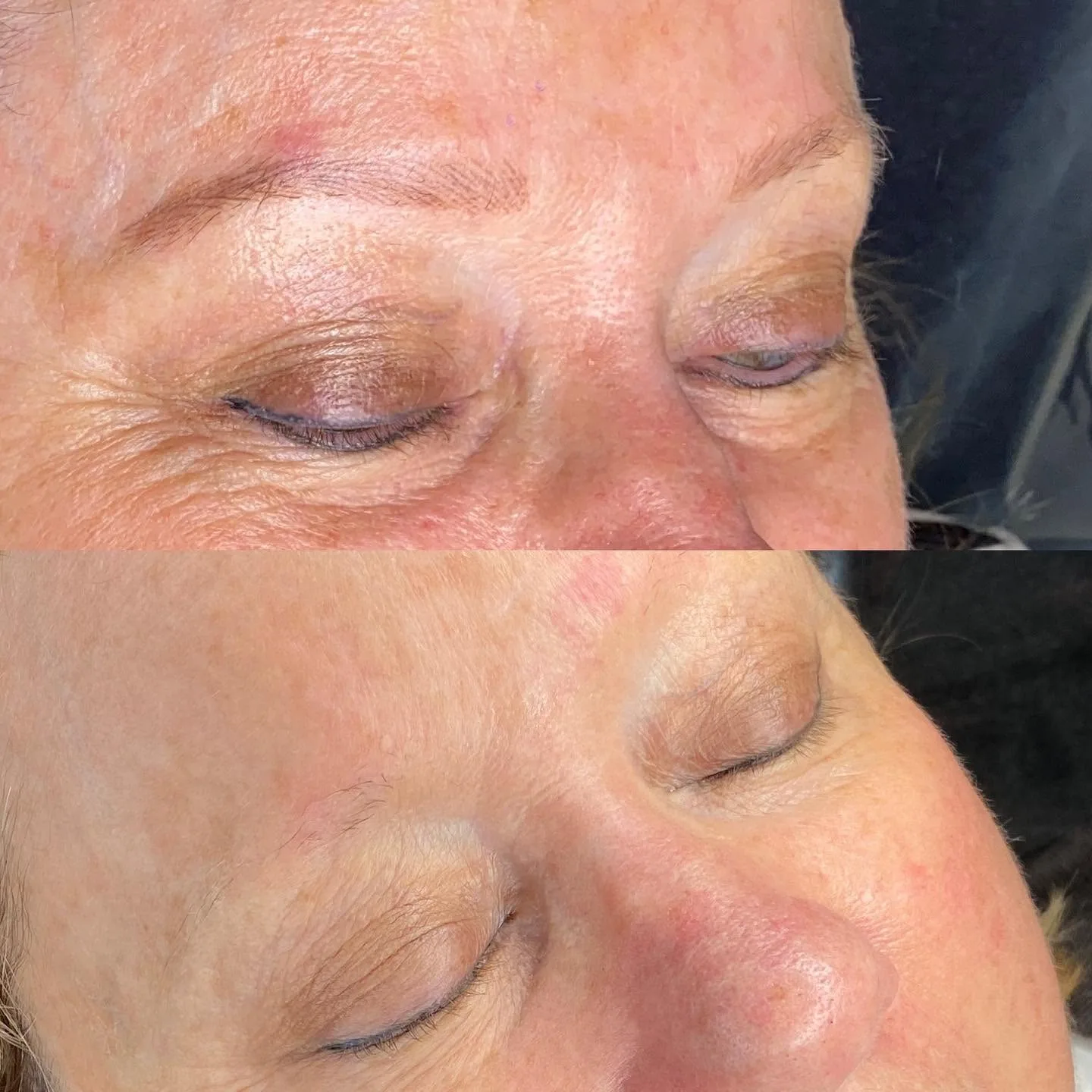 Before and after closed-eye brow panels — mature skin, natural powder brows